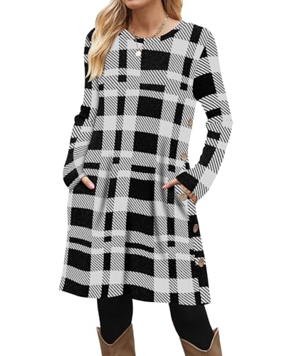 Image of OFEEFAN Long Sleeve Dress for Women Crew Neck Fall and Winter Tunic Dress with Pockets
