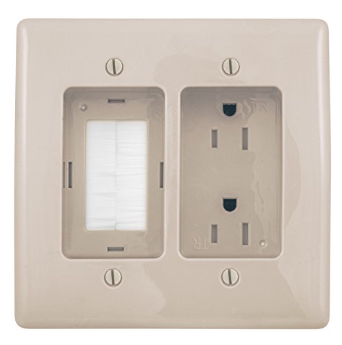 Bryant Electric RR1512LA 2-Gang Recessed TV Connection Outlet Plate with 15 Amp 125V Tamper-Resistant Duplex Receptacle with One Pass-Thru Opening, Light Almond