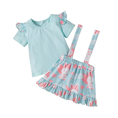 Camiseta infantil de manga curta com estampa de coelho de desenho animado da Páscoa para meninas, Az