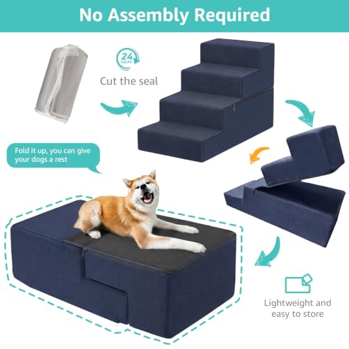 Image of YENING Large Dog Stairs for High Beds - 24 Inches Tall Extra Wide Pet Steps for Large Dogs to Get on Bed 4 Deep Step for Couch Navy Blue