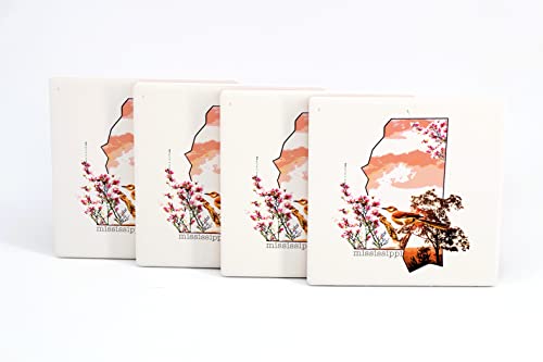 4 Absorbent Ceramic Drink Coasters with Cork Back, Artist Designed, 4” Square Coaster Set, Protects Tabletop, Great Housewarming Gift (Mississippi Set)