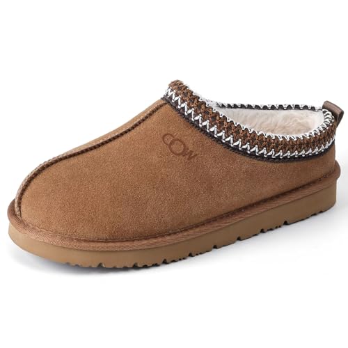 OOW Genuine Suede Slippers for Women with Memory Foam Fuzzy House Shoes for Indoor Outdoor