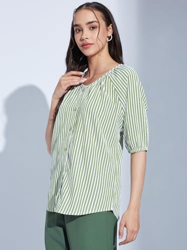 Image of Selvia Women Textured Crepe Printed Top Regular fit Shirt Style Top Round Neck Half Sleeve Stylish Top