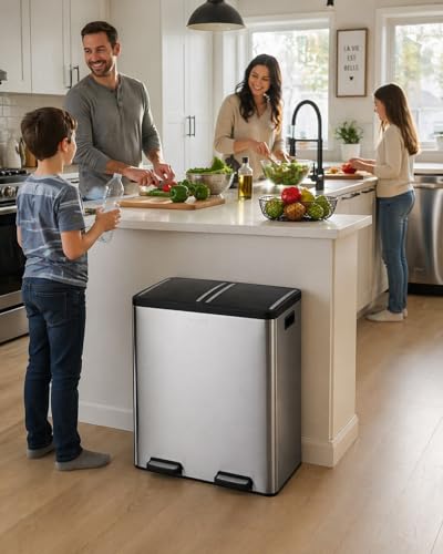 Image of Step N' Sort The 18.5 Gallon Extra Large Capacity, Soft-Step, Dual Trash and Recycling Bin with Removable Inner Bins, Silver