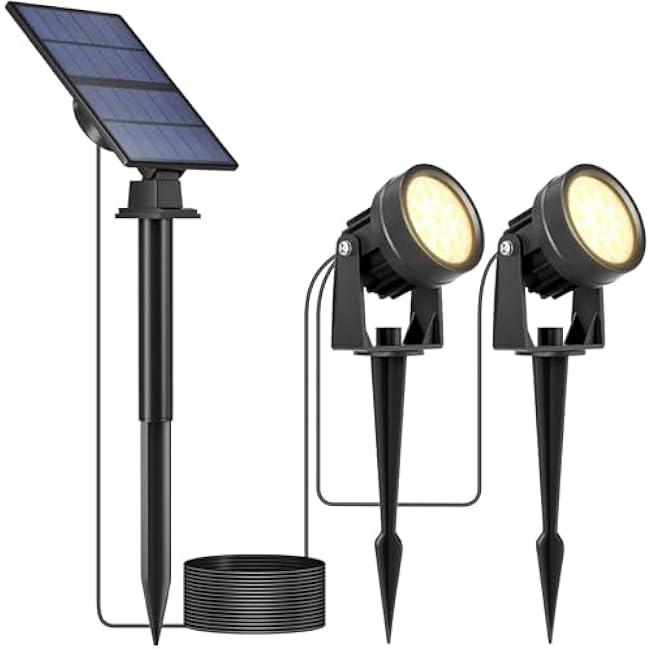 Solar Warm White Spot Lights Outdoor, Solar Powered 10 LED 3000K Landscape Lighting Low Voltage IP65 Waterproof Auto On/Off Spotlights for Outside Garden Yard Landscape Pathway Garage, 2-in-1