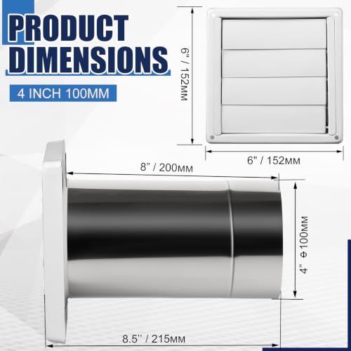 Image of Shimeyao 4 inch Wall Vent Cover Stainless Steel Outside Dryer Vent Covers for House Exhaust Duct Kit with Removable Extension Pipe 8 Inch and 4 Screw for House Outdoor Extended Air Pipe, White
