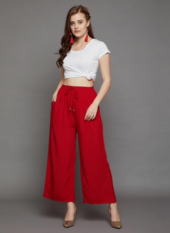 Image of Super Soft Viscose Rayon Flared Palazzo Pants for Women Stylish Wide Leg Straight Relaxed Fit Casual Ethnic Office Wear