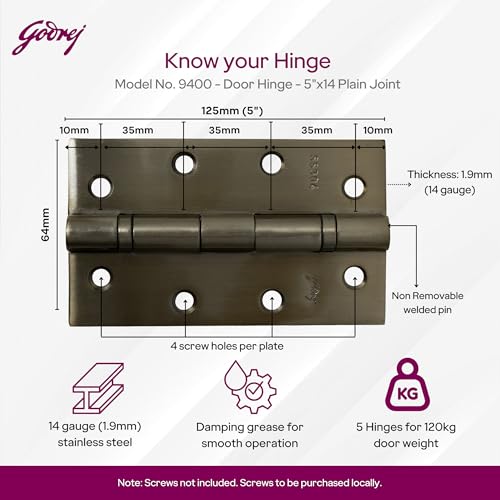Image of Godrej Door Fittings | 5 inch x 14 Gauge Plain Joint Door Butt Hinges (Pack of 1, 5 Pcs /Pack) | Antique Brass Finish, Smooth Operation | 4 Holes Kabza for Heavy Duty Door, Home, Office | 1 Yr Warranty