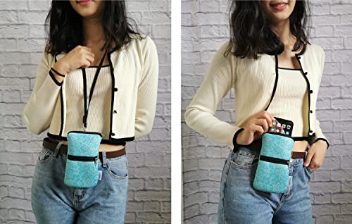 Image of Tainada Men Women Cell Phone Neoprene Shockproof Zippered Sleeve Case Bag Pouch w /Clip, Neck Lanyard, Belt Loop Holster for iPhone 17 Pro Max,16 Plus,16e; Samsung S25+, S24 (Floral Pattern Turquoise)