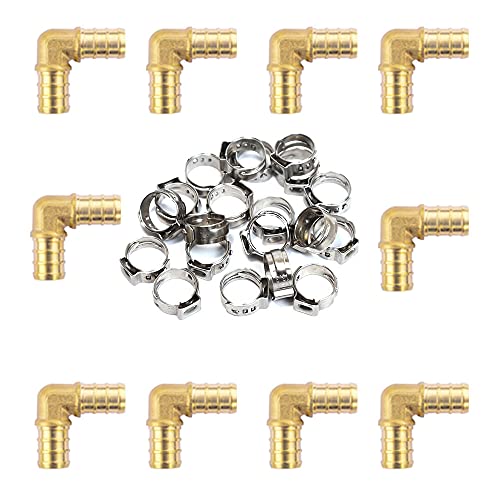 LTI 30pcs Combo 10 Pack 3 4 inch PEX Fittings 90 Degree Elbow Lead Free Brass Crimp for PEX Pipe + 20 Pack Stainless Steel Cinch Pinch Clamps (3 4 90 Degree)