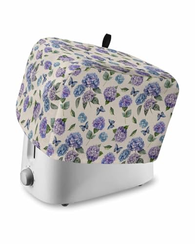 Purple Blue Hydrangea Toaster Cover 2 Slice, Pastoral Butterfly Botanical Dustproof Bread Machine Oven Cover with Storage Pockets, Fits Most Kitchen Toasters Protector