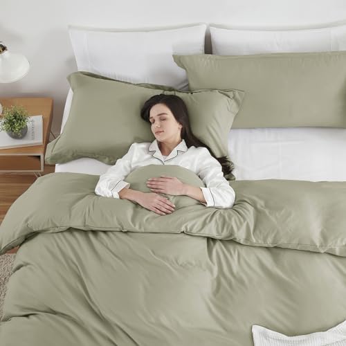 Image of Hearth & Harbor Light Sage Duvet Cover Full Size, 3 Piece Bedding Set | Soft Double Brushed Bedding Set, Button Closure, 1 Duvet Cover 80x90 Inches, 2 Pillow Shams