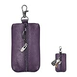 FSTURIOS Genuine Leather Key Case, Unisex Car Key Holder Wallet with Key Ring, Universal Zippered Key Pouch Keychain (Purple)