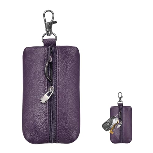 FSTURIOS Genuine Leather Key Case, Unisex Car Key Holder Wallet with Key Ring, Universal Zippered Key Pouch Keychain (Purple)
