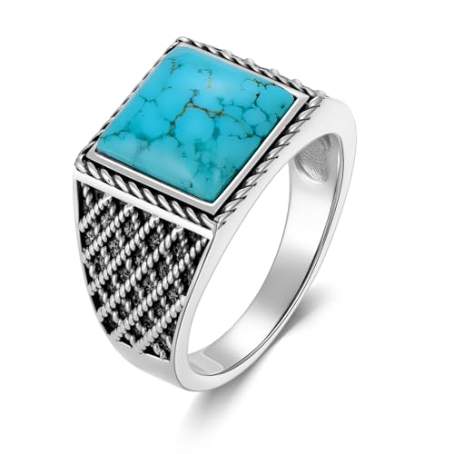 925 Sterling Silver Genuine Turquoise Rings for Men Square Real Natural Gemstone with Plaid Texture Native American Style Jewelry