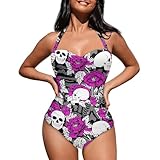 ELEDIZI Y2K Skull Swimsuits for Women Sexy One Piece Swimsuit Women Tummy Control Push Up Bra Deep V Neck Bathing Suit Modest Swimwear for Women Plus Size All-Over Print High Cut Beach Wear,Size XL