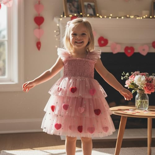 Toddler Valentines Outfit Girl Baby Heart Fly Sleeve Mesh Layered Princess Dress Little Girls Summer Tulle Dresses (Pink, 18-24 Months)