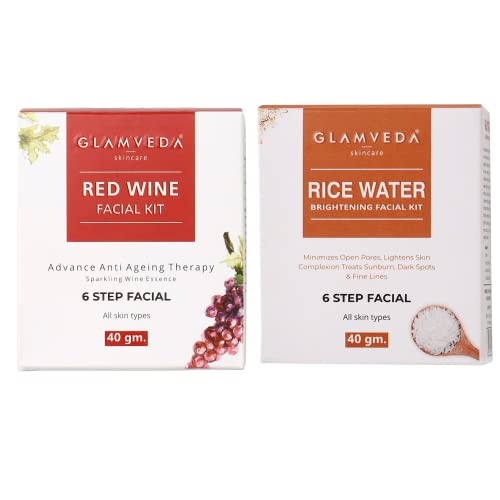 Glamveda Red Wine Advance Anti Ageing & Rice Water Brightening Facial Kit 80gm | Glowing Skin in 6 Easy Steps | Improves Skin Texture | Evens Skin Tone | Instant Glow | Suitable for All Skin Types