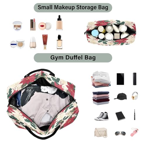 Weekender Bags Travel Duffel Gym Bag Poinsettias Holly Leaves Pattern Carry on Overnight Tote Bag with Toiletry Bag for Airplane Travel Trip Gym Yoga4
