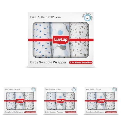 Image of LuvLap 100% Cotton Muslin Baby Swaddle Set, Baby Towel, Size-120cm x 100cm (47 inchx39 inch), Stars Printed on White, 0-18 Month+, Printed Mulmal Muslin Swaddle Wrap for New Born, Pack of 12