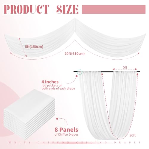 8 Panels White Ceiling Drapes for Wedding Ceiling Drapes 5ftx20ft Wedding Arch Draping Fabric Sheer Curtains Voile Chiffon Drapery Draping Wedding Ceiling Decorations for Party Ceremony Stage Swag by Showgeous - Image 2