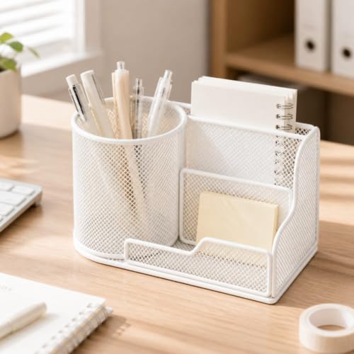 Image of Multipurpose Iron Mesh Desktop Organizer Stable Base Desktop Organizer with Cylindrical Holder Open-Access Multi-Compartment Mesh Pen Holder Space-Saving for Home Office, Vanity, Craft Area, Pink
