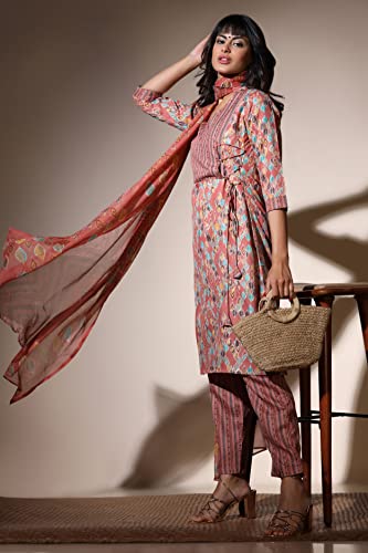 Image of Leriya Fashion Women's Kurta Pant Dupatta Set || Cotton Blend Abstract Leaf Printed Kurti Pant Dupatta Pair || Flattering Front Placket Neck Design || for Outing || Regular Wear
