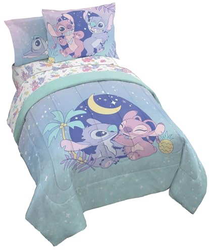 Jay Franco Disney Lilo and Stitch Twin Size Comforter Set - 5 Piece Floral Bedding Includes Sheet Set & Pillow Covers Features Angel - Super Soft Purple & Teal Stars Kids Bedding