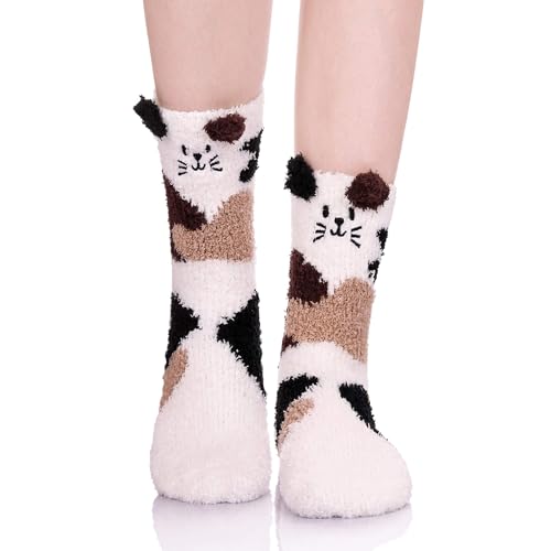 QIZHIQIAMY Chaussettes Chaudes Femme, Chaussettes Moelleuses Animaux, Chaussette Rigolotes Femme, Épaisse Socquettes d'hiver, Chaussette Thermiques Femmes pour Noël, Carnaval, Cadeaux D'hiver (Chat)
