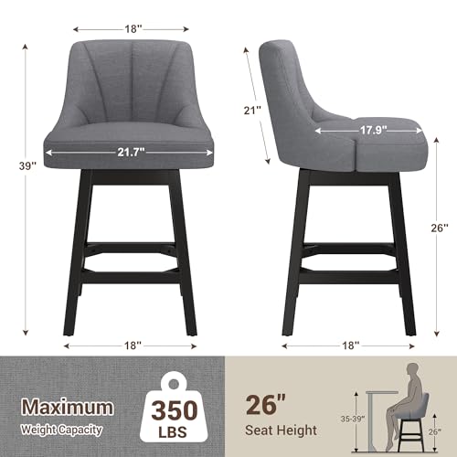Image of YaFiti Bar Stool with Backs 1 Pcs, 26 inch Counter Height Bar Stools, Modern Linen Fabric Extra Upholstered Barstools with Square Solid Wood Legs for Kitchen Island, Dark Gray