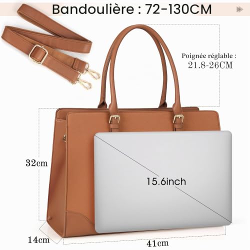 IGOLUMON Sac Cabas Femme Sac a Main en PU Cuir Grande Capacité Sac Ordinateur Femme 15.6 Pouces Imperméable Cabas Femme Sac de Cours Lycee Bandoulieres Marron – vue 3