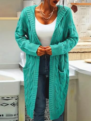 Women's Long Cable Knit Cardigan Sweater with Pockets, Open Front Have Cap2