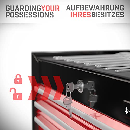 Foto von TIMBERTECH® Werkstattwagen auf Rollen - leer, 7 Schubladen mit Einlagen, abschließbar, Feststellbremse, aus Stahl, Rot-Schwarz-Werkzeugwagen, Montagewagen, Rollwagen für Werkstatt Werkzeug Zubehör