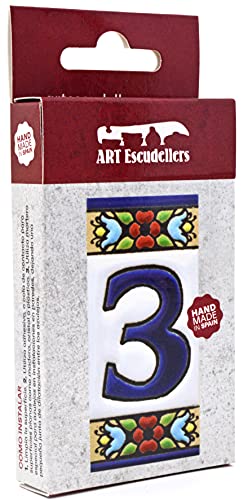 Hausnummer. Schilder mit Zahlen und Nummern auf Keramikkachel. Handgemalte Kordeltechnik fuer Schilder mit Namen, Adressen und Wegweisern. Design FLORES MINI 7,3 cm x 3,5 cm (Nummer DREI 3).