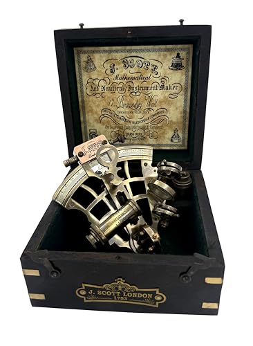 J. Scott London Brass Sextant Vintage Solid Antique Nautical Maritime Navigation Instrument with Hardwood Display Box Functional Ship History Decor & Gift
