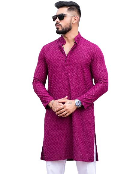 Image of Men's Floral Embroidered Cotton Rich Traditional and Lakhnavi Ethnic Wear Straight Partywear Kurta Set Pack Of 01.