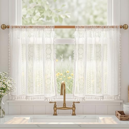 Image of MYSKY HOME White Lace Tier Curtains 24 Inch Length 2 Panels Kitchen Cafe Sheer Short Boho Half Country Rod Pocket Curtains for Small Windows Basement Bathroom, 34 inch Wide Each Panel