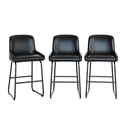 Butacos de altura para barra Garvee, juego de 3 unidades, con respaldo y reposapiés, estructura metálica industrial, tapizados en cuero sintético PU, color negro miniatura 3