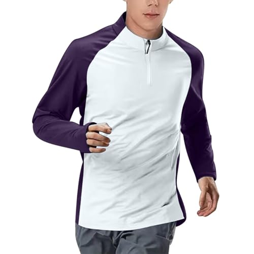 Image of Men's Half Zip Gym Shirts Patchwork Running Sports T Shirts for Men Round Collar Quick Dry Moisture Workout Top Light and Breathable Sports Athletic Blouse Long Sleeve Stretch Active Wear A-Purple