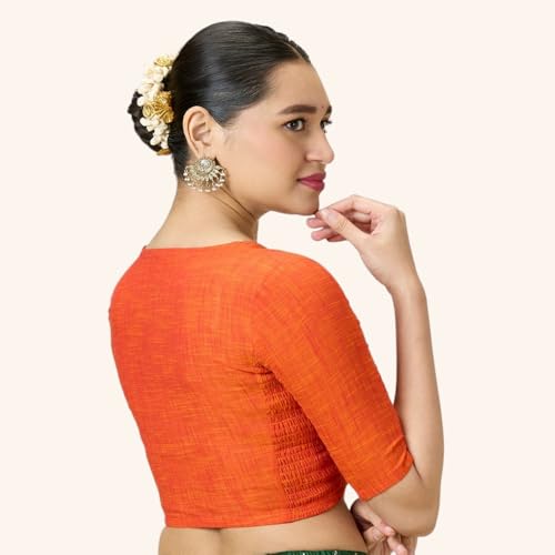 Image of Studio Shringaar Women's Handloom Cotton Side Stretchable (Smocked) Readymade Saree Blouse with Crochet Neckline