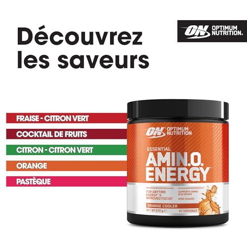 Optimum Nutrition Amino Energy Pre Workout en poudre, boisson énergisante avec acides aminés, BCAA, L-Glutamine et L-Leucine, complément vitamine C caféine, goût Orange, 30 portions, 270 g – Image 6