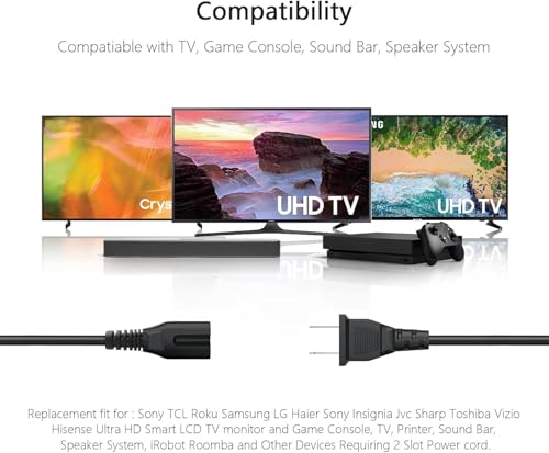 Image of 8FT 2 Prong TV Power Cable Cord for TCL Roku Smart LED LCD HD 24 inch 32 inch 40 inch 42 inch 43 inch 48 inch 50 inch 55 inch 60 inch 65 inch 75 inch 85 inch Inch TV- TCL Roku TVs 55s405 43s425 50s425 AC Power Cable Longer Plug Cord Replacement