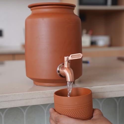 Image of Clay Water Dispenser 2.5 Litre with Copper Stainless Steel Tap & Lid - Terracotta Mitti Water Pot /Matka, Natural Earthenware Drink Dispenser for Kitchen, Home & Office