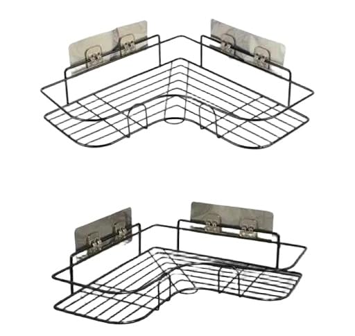 1PCS Packing Wall Mounted Self-Adhesive Bathroom Corner Shelf/Kitchen Rack & Holder - Bathroom Accessories (Material-GI Metal, Powder Coated Finish, Black, Pack of 1)|DEV-P278