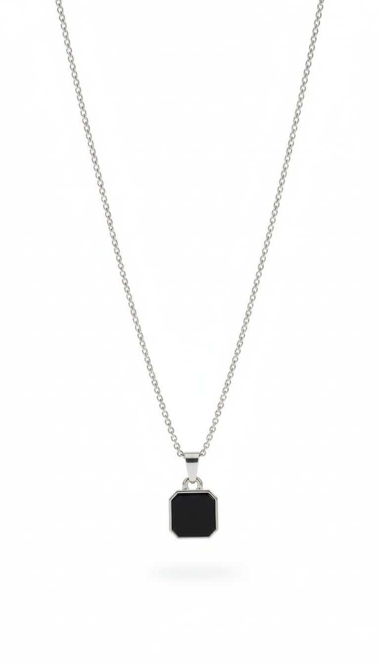 Silver Tone Necklace with Black Octagonal Pendant, Chain Link Style, Geometric Design-image-38