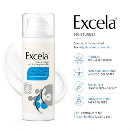 Image of Excela Moisturiser for Oily & Acne Prone Skin, Matte Feel, Non-Comedogenic, Fragrance Free, 50g