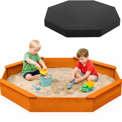 85'x78' Octagon Wooden Sandbox with Waterproof Cover & Liner, Large Outdoor Sandpit with Benches, Fir Wood Sand Box for Kids Backyard Play, Weather-Resistant, Natural