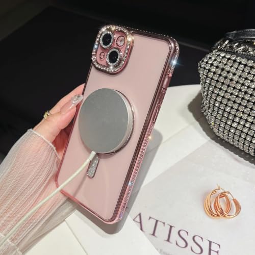 Image of DIZORO Compatible with (iPhone 13 / iPhone 14 Case) Clear Luxury Diamond Glitter Case |Camera Lens Protector with Glitter Ring | Premium Shockproof Glossy Shiny Back Cover Case for Girls Women -Pink