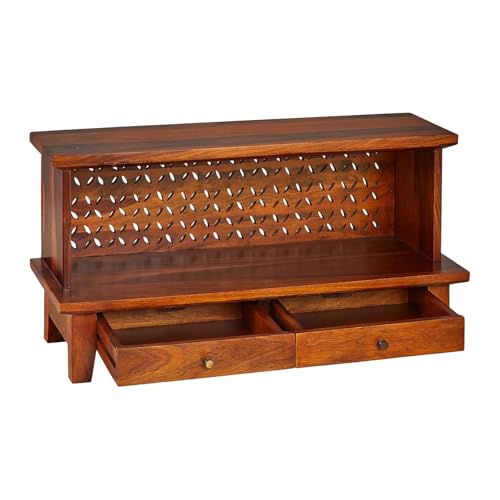 Image of Sheesham Wood Temple for Home | Pooja Mandir for Puja Room with 2 Drawer Storage & Shelf | Pooja Mandap Wood Religious Home Temple Honey Finish