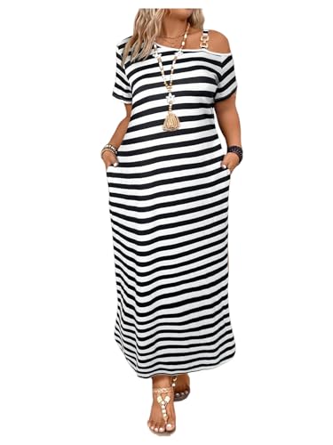 Image of Verdusa Women's Plus Size Off The Shoulder Maxi Dress Striped T Shirt Dresses with Pockets Summer Vacation Outfits